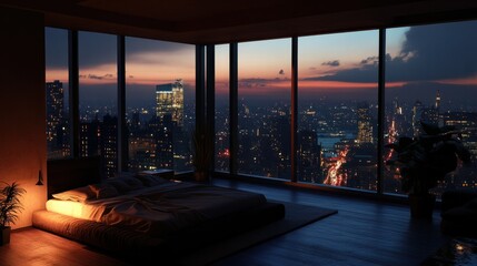 Fototapeta premium penthouse bedroom at night, dark gloomy, A room with a view of the city from the bed, generative ai