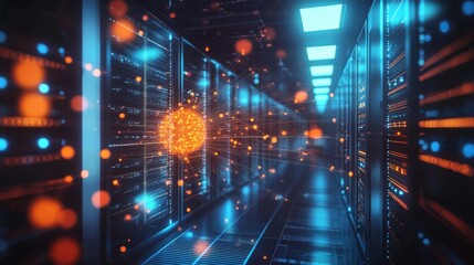 Long corridor data center network interconnected lines dots A futuristic classroom where