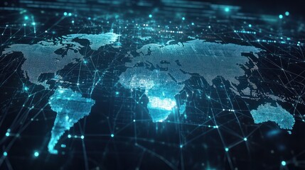 Fototapeta premium Reflection Abstract digital world map, concept of global network and connectivity on Earth, data transfer and cyber technology, information exchange and international telecommunication, Ai