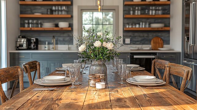 Rustic Farmhouse Dining Table Setting with White Flowers