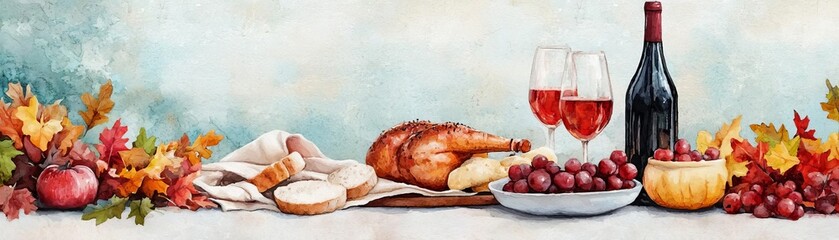 Delicious feast with wine, bread, and seasonal harvest elements