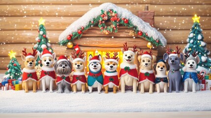 Group of different dog breeds dressed as reindeer