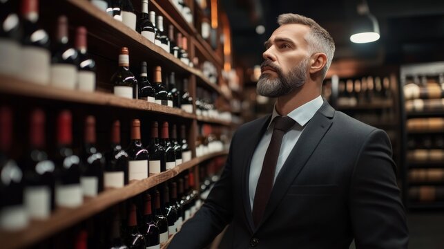 Man suit standing front wine rack cellar He Mann mit Bart