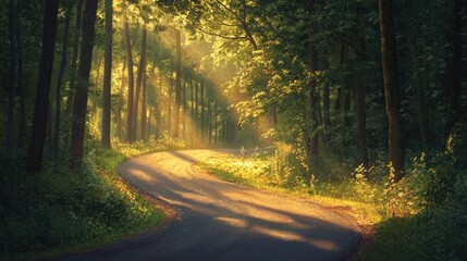 An empty, winding road stretching through a dense forest, illuminated by soft sunlight filtering through the trees.