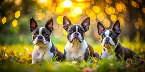Charming Boston Terriers frolic and unwind in diverse indoor and outdoor settings, capturing delightful moments for