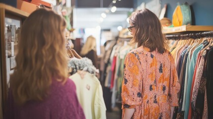 Obraz premium Trendy thrift store with vintage clothing, fashion-forward customers finding treasures