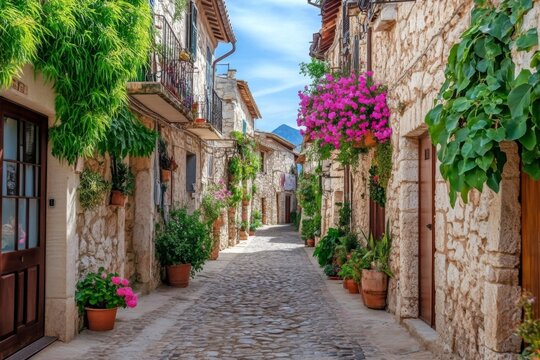 Fototapeta Narrow cobblestone street traditional Italian village is lined Spain. Explore