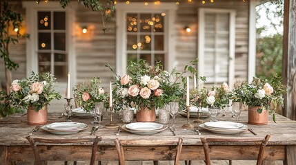 Rustic Wedding Table Setting with Flowers and Candles