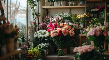Flower shop with a variety of blooms, fragrant atmosphere, florists creating bouquets