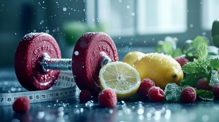 Pair dumbbells water droplets them placed dark blue Banner for National Nutrition