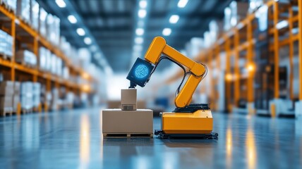 Fototapeta premium Smart warehouse with automated sorting machines, AI managing operations for increased efficiency and reduced costs AI logistics automation, warehouse efficiency, cost reduction