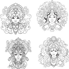 Hindu Lord Shree Krishna Set Vector Coloring Page