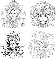 Hindu Lord Shree Krishna Set Vector Coloring Page