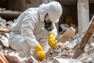 Person wearing white protective suit hard hat gas Asbestos Abatement
