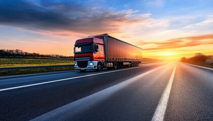 Red semi-truck driving highway sunset truck is moving Large on