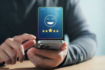 Online customer satisfaction survey concept, consumers give five-star ratings and reviews on product quality and service, increasing business credibility and reputation ranking.