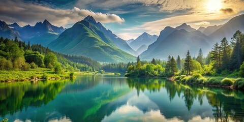 Fototapeta premium Ethereal natural landscapes with mountains, forests, and water bodies in perfect balance