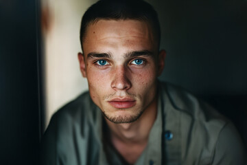Obraz premium Intense close-up portrait of a young man with striking blue eyes, gazing intently at the camera.