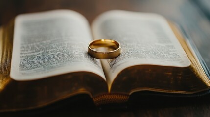 A gold wedding band resting inside an open Bible at a wedding ceremony.