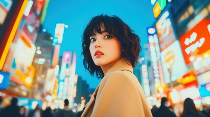 A young woman in a tan coat gazes confidently, surrounded by vibrant, neon-lit cityscape of bustling Tokyo streets at night.