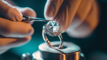 A jeweler adjusting the prongs of a ring holding a large gemstone.
