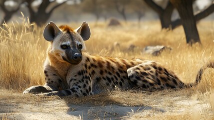 Obraz premium The Silent Watcher, A Hyena Relaxing in the African Savannah