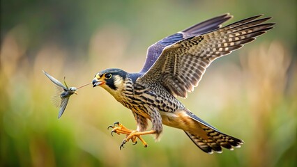 Fototapeta premium Eurasian Hobby falcon catching a dragonfly in mid-air
