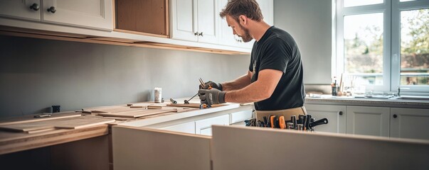 This image we can see man working kitchen Worker or carpenter installing