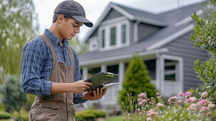 Obraz premium This image we can see young man standing Real estate appraiser inspecting