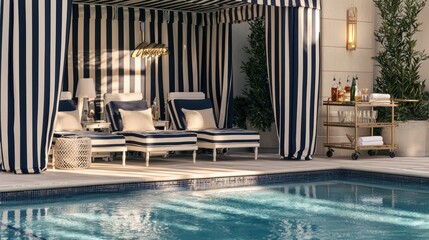 A luxurious poolside area with a cabana striped in navy and white, plush loungers, and a chic bar cart stocked with refreshments