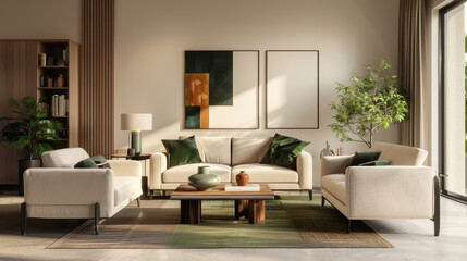 Fototapeta premium A modern living room featuring stylish sofa set, elegant decor, and natural light streaming through large windows. space is inviting and beautifully arranged, showcasing blend of comfort and sophistic