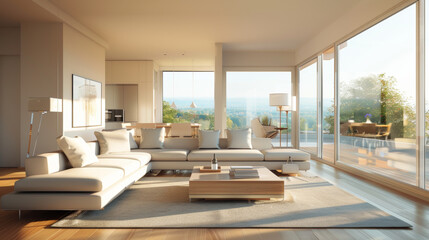Fototapeta premium A modern living room featuring spacious sectional sofa, large windows with scenic views, and minimalist decor. warm sunlight creates cozy atmosphere, perfect for relaxation