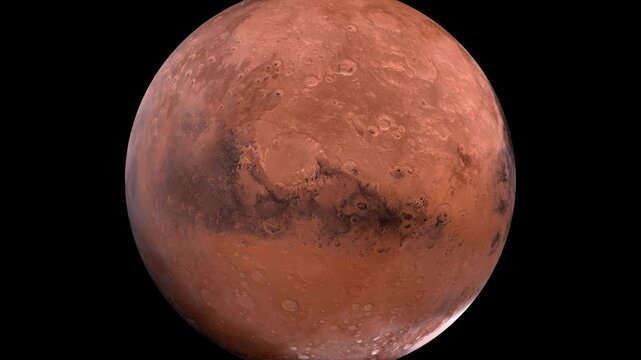 Animation in 4K of Mars isolated on black background. 