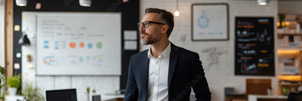 Wall mural A confident businessman stands in modern office, reflecting on strategies and ideas. workspace features whiteboard with colorful charts and graphs, creating an inspiring atmosphere