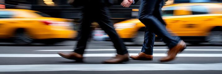 Walking in bustling city, two men in business attire cross street, surrounded by iconic yellow...