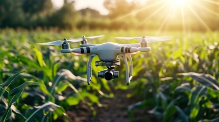 White drone flying over field green plants has A flies close