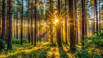 Obraz premium Evening sunlight filtering through tree branches in the forest