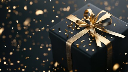 Black gift box with a shimmering gold ribbon surrounded by flying confetti, creating a festive and luxurious celebration mood.