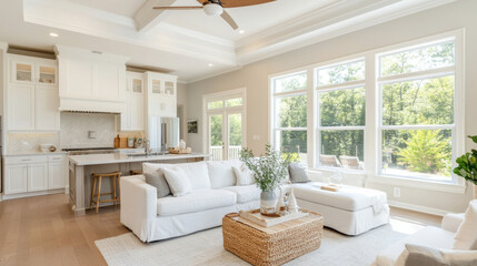 A bright and airy living room featuring modern design with large windows, cozy white sofa, and natural light streaming in. space exudes calm and inviting atmosphere, perfect for relaxation