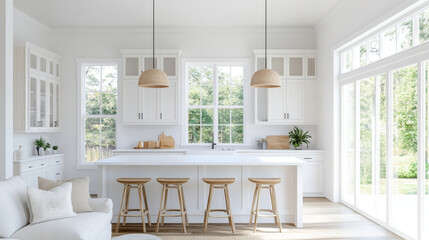 A bright and airy kitchen featuring white cabinetry, natural wood accents, and large windows that invite sunlight. minimalist design creates serene atmosphere, perfect for cooking and gathering