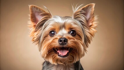 Fototapeta premium Excited yorkshire terrier on beige background