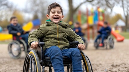 Young boy wheelchair smiling widely laughing He is The image shows
