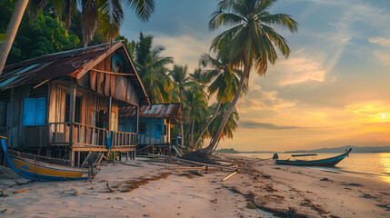 Naklejka premium A wooden beach hut surrounded by palm trees and boat on a sandy beach, Generative Ai