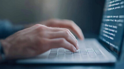 A person is typing on laptop, with focus on their hands and keyboard. screen displays code, suggesting programming or tech related task. atmosphere is calm and focused, ideal for productivity