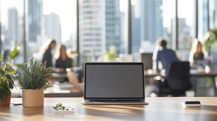 A modern office setting featuring laptop on desk, surrounded by greenery and bright, airy atmosphere. background shows people engaged in work, creating productive environment