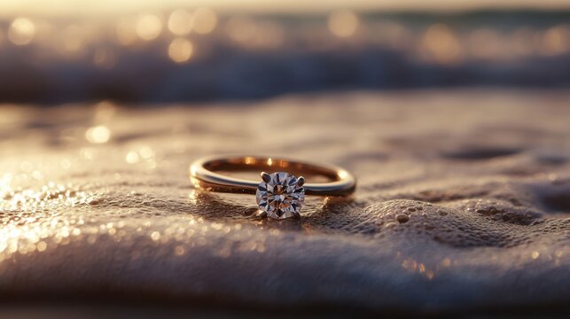 An engagement ring with a solitaire diamond on a beach, capturing waves in the background.