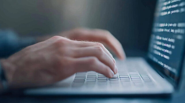 A person is typing on laptop, with focus on their hands and keyboard. screen displays code, suggesting programming or tech related task. atmosphere is calm and focused, ideal for productivity