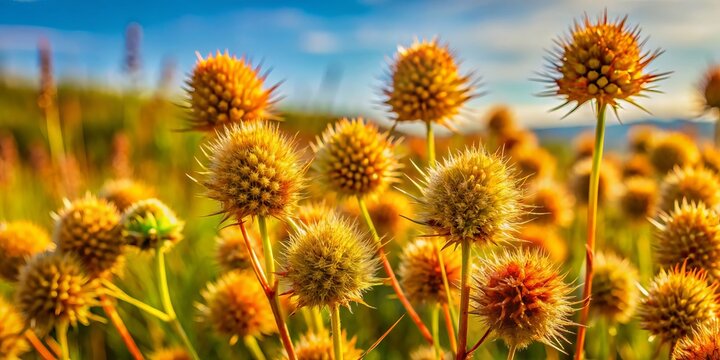 Detailed perspective of a sandbur plant showcasing its sharp seed heads, thriving amidst the natural beauty of a