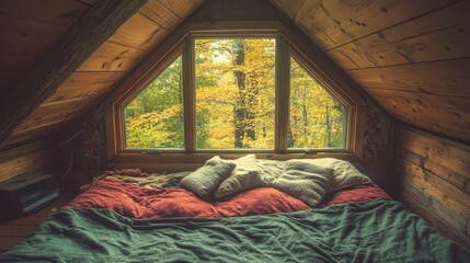 Fototapeta premium A minimalist, cozy attic room with wooden beams, soft cushions, and a large window looking out at golden autumn trees. Bright natural light fills the space.