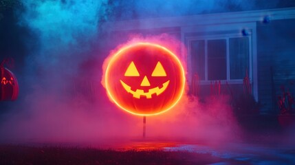 Spooky Halloween Ring Toss: Glowing Pumpkin Target in Foggy Yard at Night